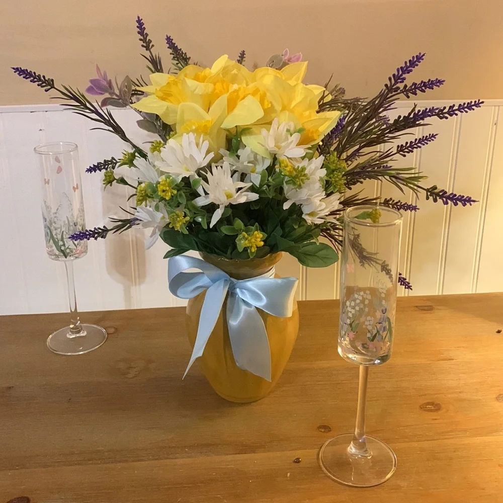 Hand Crafted- Spring floral arrangement with vase